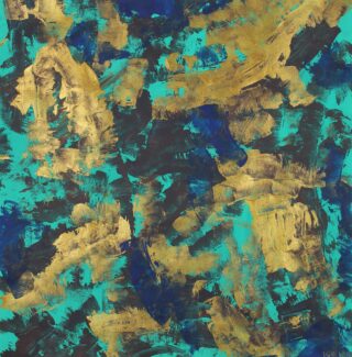 Abstraktes Gemälde mit kräftigen Pinselstrichen in Gold, Türkis, Schwarz und Blau, die eine vielschichtige und strukturierte Komposition erzeugen.