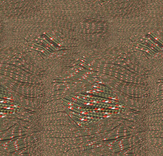 Ein strukturiertes, wellenförmiges Muster mit Reihen kleiner roter, weißer und grüner Punkte auf braunem Hintergrund, die abstrakte, wellenförmige Formen bilden.