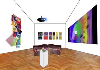 Eine digitale Kunstgalerie mit abstrakten Kunstwerken an weißen Wänden, zwei braunen Sofas, einem Projektor an der Decke und einem Podest mit einem Buch in der Mitte.