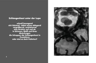 Rechts ist eine Graustufendarstellung überlappender, schuppenartiger Kreise zu sehen, links beschreibt ein deutscher Text das Aussehen einer Schlangenhaut unter einer Lupe.