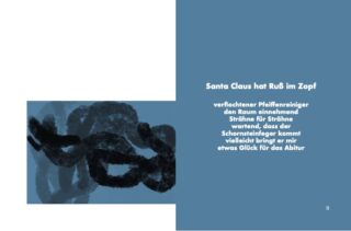 Auf einer blau-weißen Seite sind links abstrakte schwarze Pinselstriche zu sehen und rechts ein deutsches Gedicht mit dem Titel „Santa Claus hat Ruß im Zopf“ in weißer Schrift auf blauem Hintergrund.