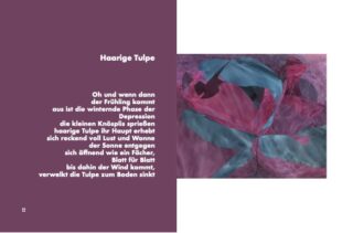 Ein deutsches Gedicht mit dem Titel „Haarige Tulpe“ erscheint auf einem violetten Hintergrund neben einem abstrakten Bild aus blauen und rosa Tulpenblättern.