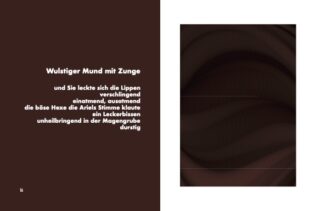 Der deutsche Text auf braunem Hintergrund lautet: „Wulstiger Mund mit Zunge … durstig.“ Die rechte Seite zeigt abstrakte dunkle Formen auf schlichtem weißem Hintergrund.