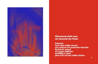 Abstraktes digitales Kunstwerk mit roten und blauen Farben auf der linken Seite; deutsches Gedicht in weißem Text auf rotem Hintergrund auf der rechten Seite.