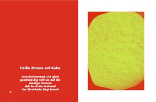 Eine Doppelseite mit deutschem Text auf rotem Hintergrund auf der linken Seite und einem verschwommener gelber Gegenstand in Nahaufnahme auf rotem Hintergrund auf der rechten Seite.