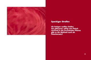 Links ist eine Nahaufnahme von rotem, marmoriertem Fleisch zu sehen, rechts beschreibt ein deutscher Text fettige weiße Streifen in saftigem, rotem Fleisch.