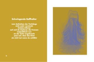 Eine Seite mit deutschem Text links über Vorhanghalter und einer abstrakten, wellenförmigen blau-gelben Illustration rechts.