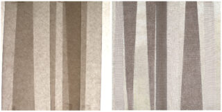 Zwei Fenstervorhänge nebeneinander: Der linke ist blickdicht mit beigen Längsstreifen, der rechte ist transparent mit abwechselnd hellen und dunklen Längsstreifen.