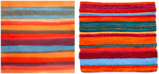 Ein Aquarell mit horizontalen Streifen in warmen Farben wird neben einem ähnlich gestreiften Stück gewebten Textils gezeigt.