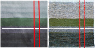 Zwei Textilmuster nebeneinander, jedes mit horizontalen Farbbändern in Grau-, Grün- und Lilatönen, überlagert mit zwei vertikalen roten Linien und einer horizontalen weißen Linie.