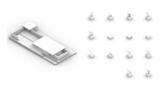 Links ein 3D-Architekturmodell mit einer Reihe von zwölf kleinen abstrakten geometrischen Formen, die in einem Raster angeordnet sind, auf der rechten Seite.