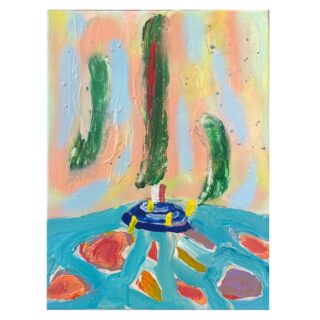 Abstraktes Gemälde mit einem blauen runden Objekt in der Mitte, drei grünen vertikalen Formen darüber und einem bunten Hintergrund mit roten, gelben und blauen Mustern.