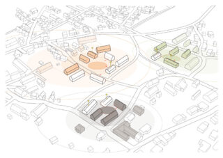 Axonometrisches Diagramm eines kleinen Viertels mit Gebäuden in unterschiedlichen Farben, die verschiedene Zonen oder Funktionen anzeigen, wobei Straßen und kreisförmige Grenzen hervorgehoben sind.