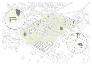 Illustration eines Stadtparks mit Gebäuden, Straßen, Bäumen und zwei vergrößerten Einschüben, die eine Bank unter einem Baum und Menschen zeigen, die auf den Wegen spazieren gehen.