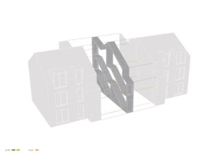 3D-Architekturdiagramm, das eine zentrale Treppenhausstruktur zeigt, die in einem transparenten mehrstöckigen Gebäude hervorgehoben ist.