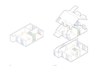 Zwei architektonische axonometrische Zeichnungen zeigen die Innenaufteilung eines Hauses; einen isolierten Raum und eine Explosionsansicht mehrerer Stockwerke, wobei strukturelle und räumliche Elemente hervorgehoben werden.