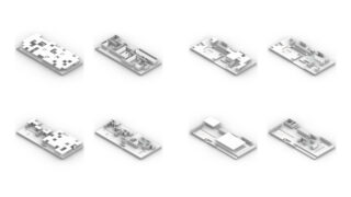 Acht weiße 3D-Architektur-Massenmodelle sind in zwei Reihen auf weißem Hintergrund angeordnet und zeigen jeweils eine andere Anordnung geometrischer Volumen und Hohlräume.