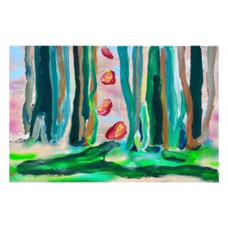 Abstraktes Gemälde eines Waldes mit hohen, vertikalen Baumformen in Grün und Braun, einer Reihe roter Formen in der Mitte und leuchtendem Grün auf dem Boden.