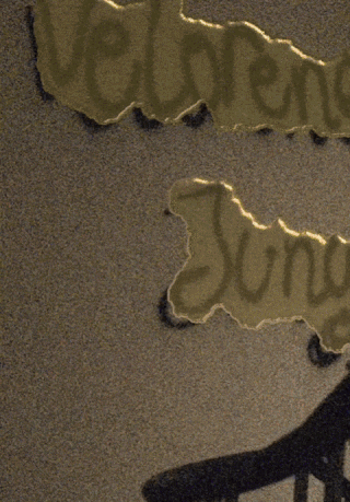 An einer Wand kleben zwei zerrissene Zettel mit den handschriftlichen Worten „Vertrauen“ und „Jung“, unten rechts ist der Schatten einer Hand zu sehen.