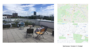 Eine Dachterrasse mit Sitzgelegenheiten im Freien bietet Aussicht auf ein Stadtgebiet; zwei Kartenausschnitte rechts zeigen den Standort in der Vischerstr. 1A, Stuttgart.