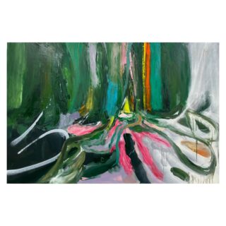 Abstraktes Gemälde mit kräftigen grünen, rosa, schwarzen und orangefarbenen Pinselstrichen, die fließende, organische Formen auf weißem Hintergrund bilden.