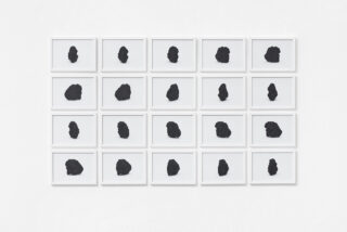 Zwanzig weiß gerahmte Tafeln sind in einem Raster angeordnet und zeigen jeweils ein einzelnes unregelmäßig geformtes schwarzes Objekt vor einem weißen Hintergrund.