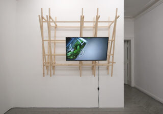 Ein Flachbildfernseher ist an einer weißen Wand montiert. Dahinter befindet sich eine abstrakte Holzrahmenkonstruktion. Der Fernseher zeigt ein Bild von grünen Pflanzen. Darunter hängt ein Netzkabel.