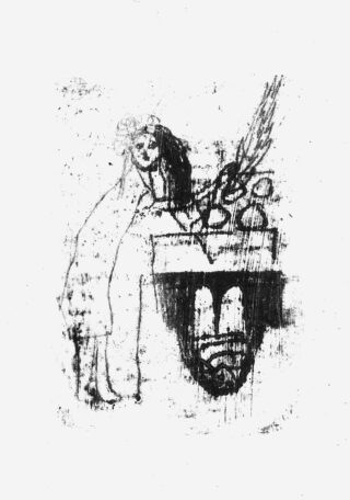 Schwarz-Weiß-Skizze einer Person, die neben einem Tisch mit Gegenständen steht, und einem weiteren Gesicht unter dem Tisch, gezeichnet in einem groben, strukturierten Stil.