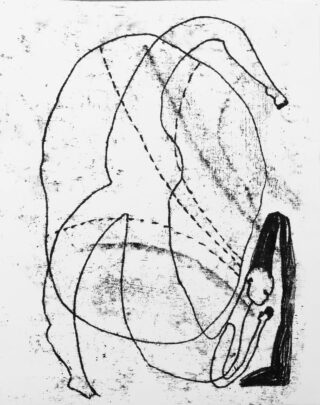 Abstrakte Schwarzweißzeichnung einer Figur mit verlängerten Gliedmaßen, geschwungenen Linien und überlappenden Formen auf einem strukturierten weißen Hintergrund.