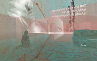 Eine durchscheinende Figur sitzt auf einem reflektierenden, aderartigen Boden in einem surrealen, pastellfarbenen Raum mit schwebenden Formen, einem transparenten Sofa und poetischem Text an der Wand.