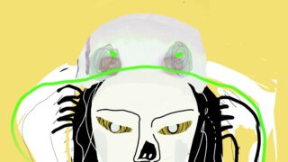 Abstrakte Zeichnung eines Gesichts mit gelben Augen, schwarzen Linien für Haare und einer blassen, hutartigen Form, die grün auf gelbem Hintergrund umrandet ist.