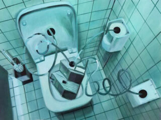 Eine surreale Szene einer Toilette mit einem Desktop-Computer in der Schüssel, Kabel, die zu zwei Toilettenpapierhaltern an gefliesten Badezimmerwänden führen.