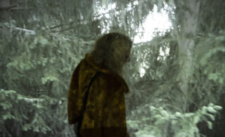 Eine Person mit lockigem Haar und einem braunen Pelzmantel steht vor dichten, schneebedeckten immergrünen Bäumen.