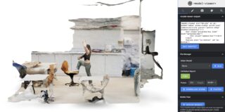 Ein teilweise gerenderter 3D-Scan einer Frau, die in einem überfüllten Büro oder Labor tanzt. Computer, Schreibtische und Stühle sind sichtbar. Code und Schnittstellenoptionen werden auf der rechten Seite des Bildschirms angezeigt.