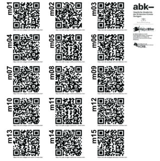 Fünfzehn QR-Codes mit den Bezeichnungen m01 bis m15 sind in einem Raster angeordnet. Oben rechts befinden sich Logos und Texte von abk Stuttgart, digital@bw und HoR8.
