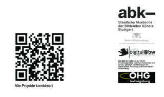 Ein QR-Code mit der Aufschrift „Alle Projekte kombiniert“ sowie Logos und Texte der Staatlichen Akademie der Bildenden Künste Stuttgart und Partnerorganisationen.