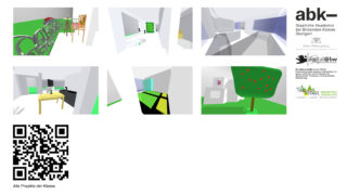 Eine Collage aus sechs digitalen 3D-Raumdarstellungen, einem QR-Code und Logos der ABK Stuttgart und verwandter Institutionen auf weißem Hintergrund.