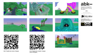 Eine Collage aus farbenfrohen digitalen 3D-Landschaftskunstwerken, Logos von ABK Stuttgart und Partnern, zwei QR-Codes und deutschen Textbeschreibungen.