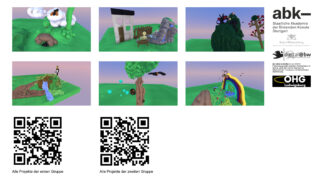 Eine Collage aus sieben digitalen 3D-Landschaftsszenen, Projekt- und Institutionslogos und zwei QR-Codes mit deutschem Text unter jedem Code.