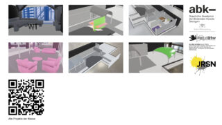 Eine Collage aus sechs digitalen Renderings von Innenräumen, ABK Stuttgart und Projektlogos auf der rechten Seite und einem QR-Code in der unteren linken Ecke.