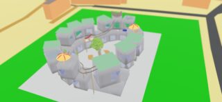 Luftaufnahme einer kreisförmigen Anordnung weißer, kastenförmiger Gebäude, die durch Brücken verbunden sind, mit zwei Schirmstrukturen und einem zentralen Baum in einem Innenhof vor einem grün-braunen Hintergrund.