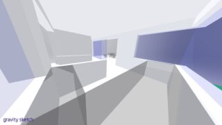 Ein minimalistisches 3D-gerendertes Interieur mit geometrischen Formen, großen blauen Fenstern, weißen Wänden und Böden; Text „Schwerkraftskizze“ in der Ecke.