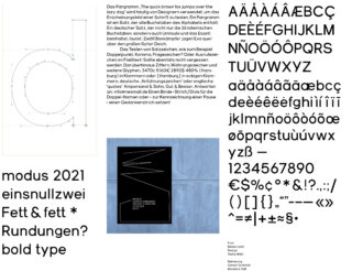 Ein Schriftmusterblatt mit den Schriftarten, Glyphen und Beispieltexten des „Modus 2021“ in Deutsch, mit Diagramm des Buchstabenaufbaus und verschiedener Zeichensätze in Schwarz auf weißem Hintergrund.