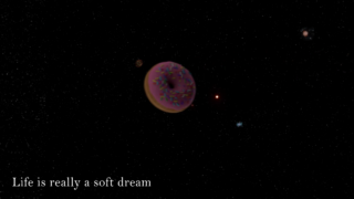 Ein mit Zuckerguss und Streuseln verzierter Donut schwebt im Weltall zwischen Sternen und Planeten. In der unteren linken Ecke steht der Text „Das Leben ist wirklich ein sanfter Traum“.