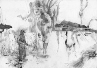 Eine Bleistiftskizze, die zwei menschliche Figuren in einer Landschaft mit Bäumen, Wasser und einem Gebäude im Hintergrund darstellt, wiedergegeben in einem lockeren, abstrakten Stil.