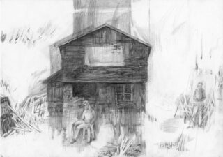 Bleistiftskizze eines rustikalen Holzhauses mit einer Person auf der Veranda und einer anderen Person in einiger Entfernung, umgeben von groben, skizzenhaften Hintergrunddetails.