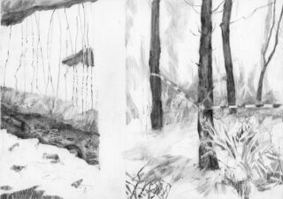 Bleistiftskizze einer Waldszene; die linke Seite zeigt einen Hang mit Felsen und einer kleinen Struktur, die rechte Seite hohe Bäume, Büsche und einen diagonalen Ast.