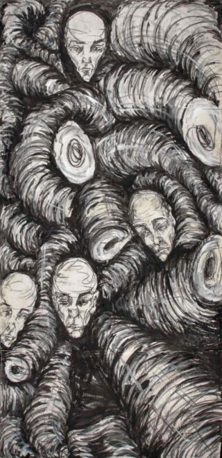 Schwarz-Weiß-Zeichnung mehrerer menschlicher Gesichter, die aus wirbelnden, tunnelartigen Formen hervortreten oder von ihnen umgeben sind. Die Gesichter wirken düster und sind über die gesamte Komposition verteilt.
