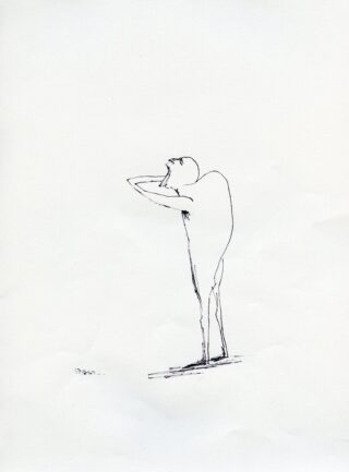 Minimalistische schwarze Tintenskizze einer einsamen, abstrakten menschlichen Figur, die vor einem schlichten weißen Hintergrund steht und ihren Kopf mit beiden Händen hält.