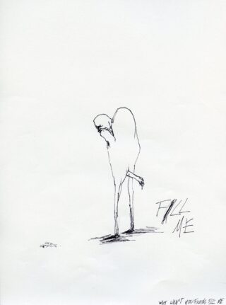 Eine minimalistische Strichzeichnung eines schlanken, abstrakten Tieres mit gesenktem Kopf und den Worten „FILL ME“ daneben.